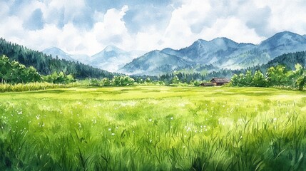 Fototapeta premium Watercolor field with mountains, trees, and a house illustration. Use for travel, landscape, or nature themed projects.