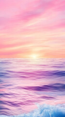 Soft ocean mirroring pastel pink and purple sunset, gentle waves washing tranquil shoreline under glowing evening sky