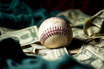 A baseball sits on top of a pile of money