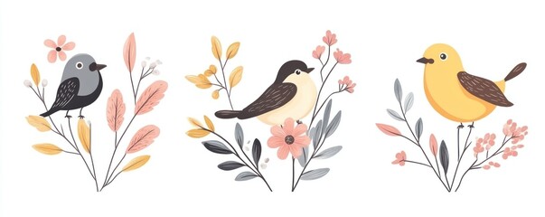 Three birds on floral branches, white background, spring design, cute illustration