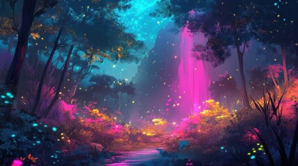 A beautiful and vibrant forest scene lit with magical colors