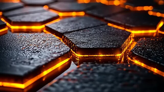 Close-up view of glowing hexagonal stone tiles with molten lava effect, creating a dramatic atmosphere