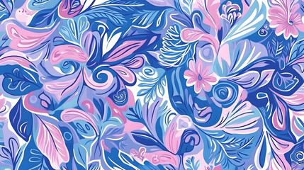 Fototapeta premium Abstract floral pattern, blue and pink swirls, seamless design, textile print, background texture