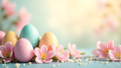 Pastel Easter Eggs with Spring Blossom Flowers