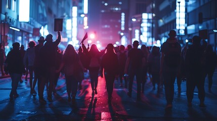 A group of people marching in unity, their silhouettes visible against the bright city lights at night