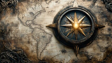 An antique map of the Americas with a detailed, ornate compass in the foreground. The image evokes a sense of exploration and historical navigation.