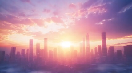 A vibrant city skyline at sunset, showcasing modern architecture and colorful clouds.