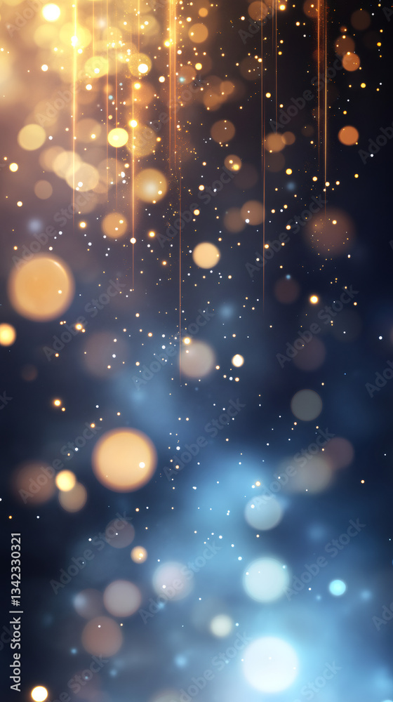 Poster Shimmering golden and blue bokeh particles cascading against dark backdrop, sparkling with festive, celebratory luminescence