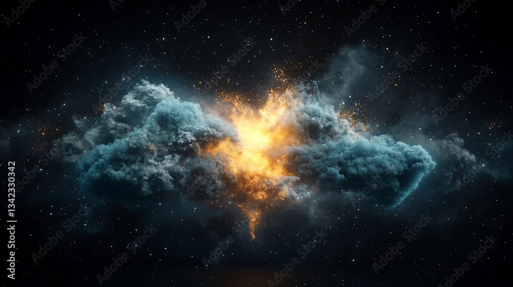 Poster cosmic clash of ethereal clouds, fiery explosion in the void