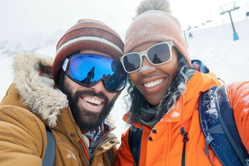 Selfie of a happy young interracial couple on a skiing vacation. Man and woman taking and selfie together on a snowy ski slope, Smiling couple on a winter break