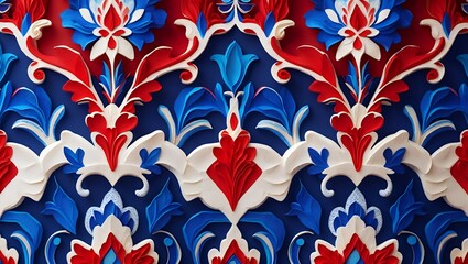 Intricate 3D floral pattern in red, white, and blue.  Symmetrical design with layered relief