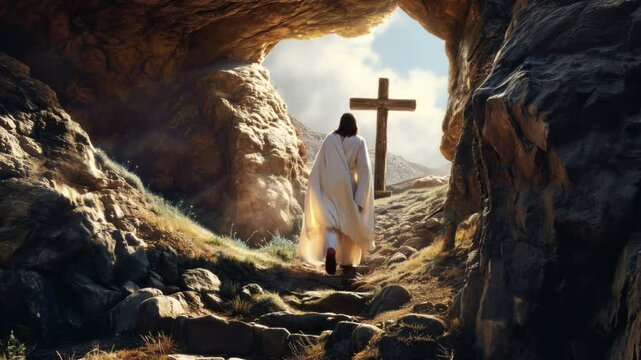 Easter concept, holy cross, view from the cave