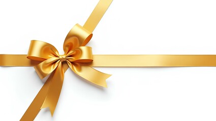 Fototapeta premium A luxurious golden bow, a symbol of elegant gifting and celebration, tied with precision on a pristine white background, showing rich, lustrous satin texture.