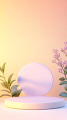 Obraz premium Minimalist product presentation using white round pedestals, verdant greenery against soft pastel backdrop, bathed in warm, inviting illumination