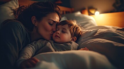 Loving bedtime ritual: Mother gently kissing her sleeping child goodnight in a cozy bed