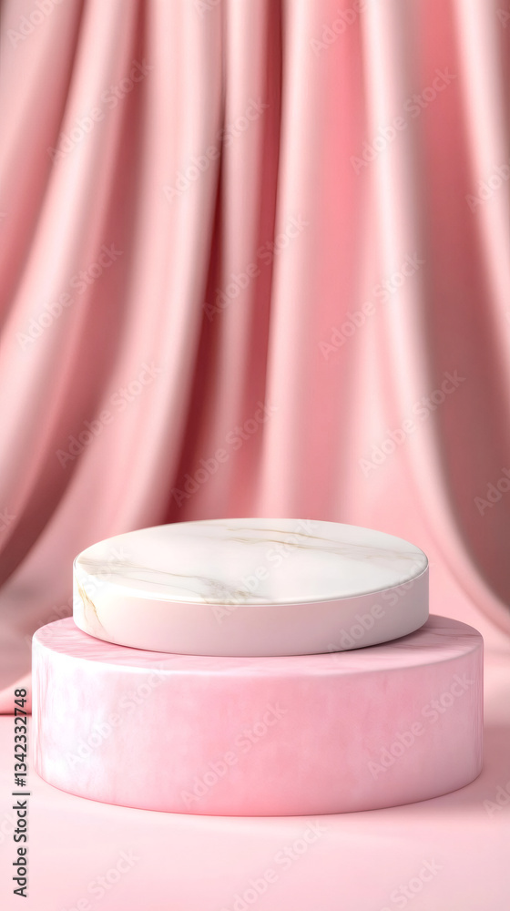 Poster round marble and mother-of-pearl podiums with pink silk background creating an elegant setting for p