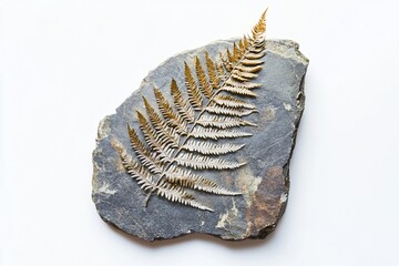 A golden fern fossil is beautifully preserved on a gray stone slab against a crisp white background, capturing nature's history in a simple still life.