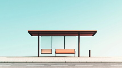 Minimalist Bus Stop Design with Wooden Bench on Sidewalk Under Clear Sky for Urban Transportation Conceptual Photography