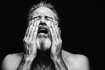Dramatic black and white portrait of emotional man crying with intense facial expression on dark background