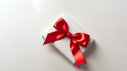A pristine white gift box adorned with a vibrant red satin bow, a symbol of love and celebration, resting elegantly on a clean white background.