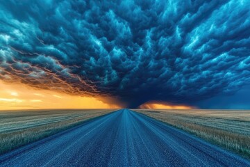 Dramatic sunset over a vast, flat landscape with an ominous, dark storm cloud formation approaching a long, straight road
