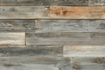 Naklejka premium Reclaimed wood wall paneling with varying shades of gray and brown, showcasing natural textures and knots.