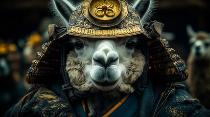 Obraz premium Llama dressed in ornate armor poses confidently in an outdoor setting during a festival at dusk