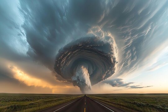 Majestic supercell thunderstorm over flatlands, road below