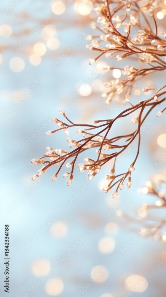 Poster Decorative light branch with small led lights shining on a pastel blue background with bokeh effect