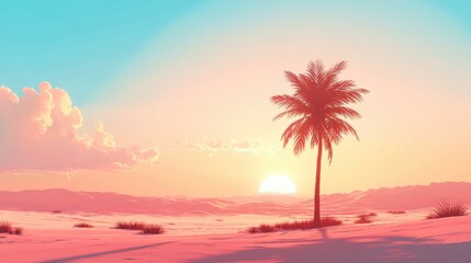 Serene Sunset Over a Desert Landscape with a Vibrant Palm Tree Silhouetted Against a Colorful Sky and Rolling Sand Dunes
