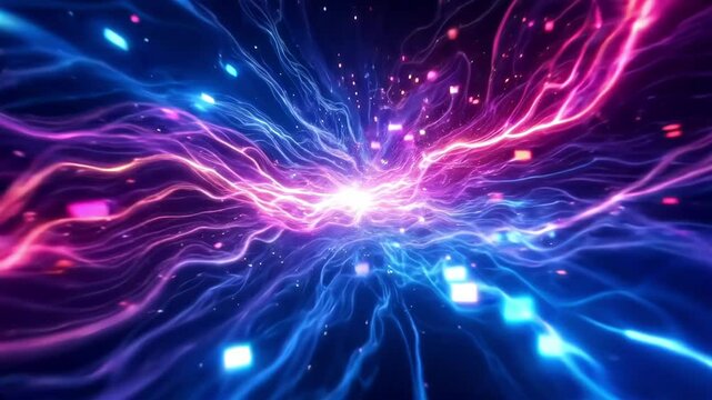 A distorted video stream of flowing energy that glitches as the colors shift and the frames break into stuttering pixel squares