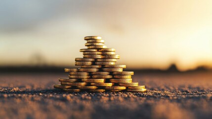 Obraz premium Close-Up Image of Stacked Gold Coins Against a Sunset Sky with Soft Focus Background for Financial and Investment Themes