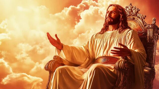 Jesus Christ majestic golden throne of god in heaven in the sky surrounded white clouds and divine light. Second coming of Jesus Christ.