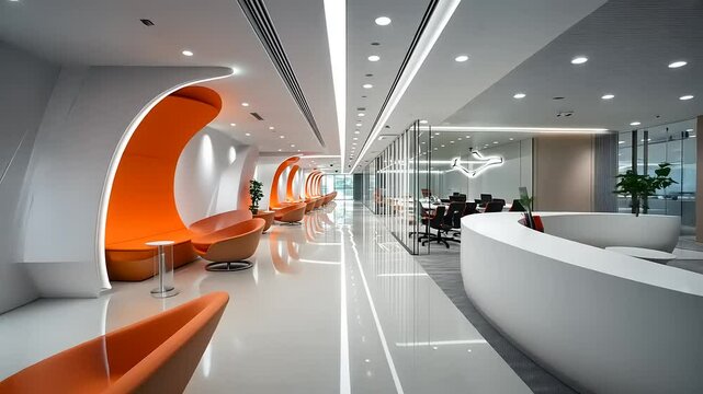 Modern office interior featuring sleek design elements, bright lighting, and collaborative spaces