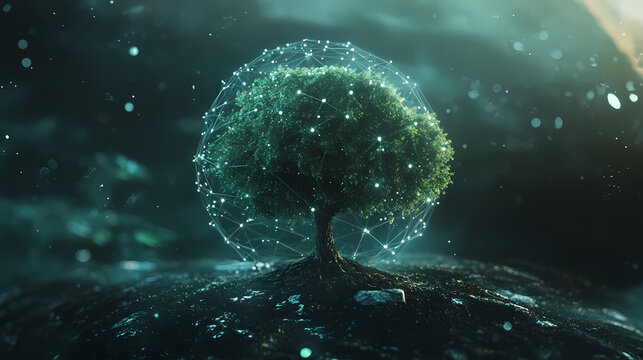 Green tree on connected earth, global sustainability concept, bokeh background, environmental awareness campaign. Rooted Consciousness. Illustration