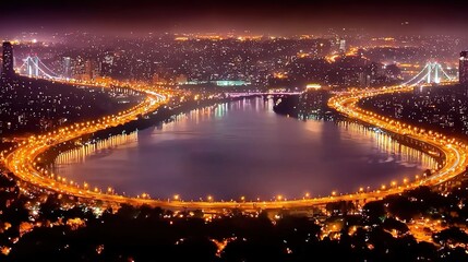City lights curve around lake at night
