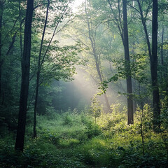 Obraz premium A dense forest with sunlight streaming through the trees creating a mystical and ethereal atmosphere