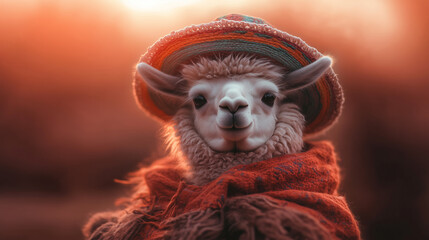 Llama wearing colorful hat and poncho during sunset in outdoor setting