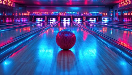 Vibrant bowling alley interior, illuminated by bright pink and blue lights, reflecting on polished wooden lanes. A single crimson bowling ball rests in the center.  The lanes, walls, and lighting