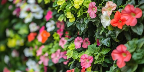 Fototapeta premium A colorful wall covered in beautiful vibrant flowers and leaves