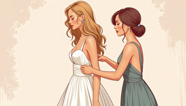 Helping with dress fitting adjusting bridal gown before a wedding