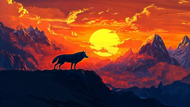 Majestic Sunset Wolf: A digital painting of a lone wolf standing on a mountain peak at sunset, overlooking a breathtaking landscape of snow-capped mountains and a fiery sky.
