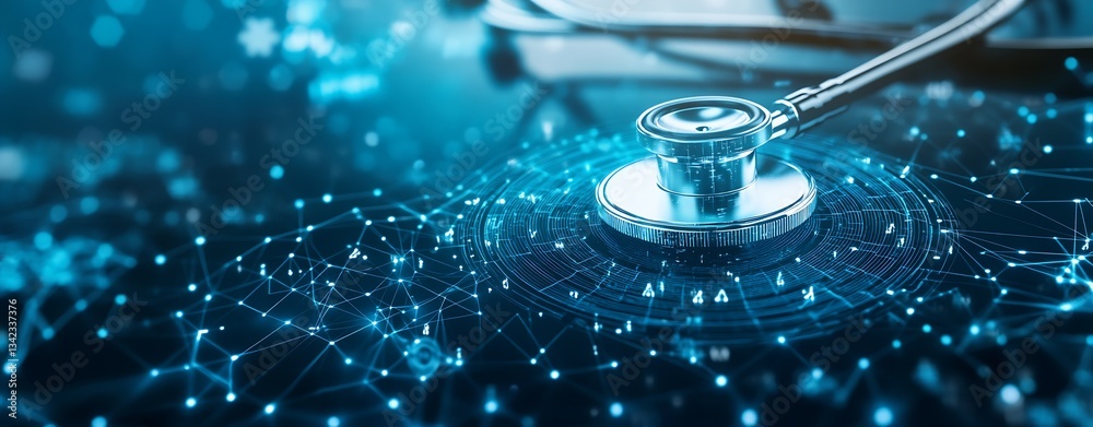 Aufkleber Futuristic Medical Stethoscope with Digital Networks and Data Visualizations : Generative AI