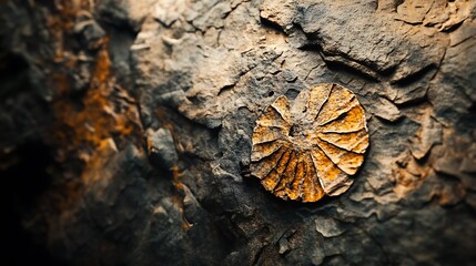 Ancient Disc of Stone, a fossilized relic embedded in the earth, whispering tales of time's passage, revealed in warm, textured detail.