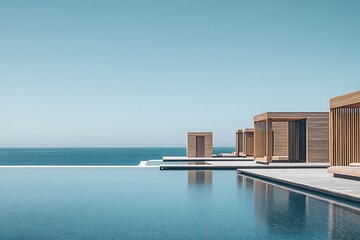 Fototapeta premium Stunning line of elegant cabanas surrounding a luxurious infinity pool with a breathtaking ocean view : Generative AI