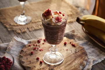 Chia chocolate pudding in a glass cup