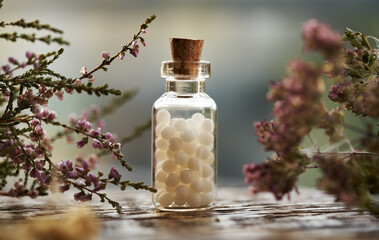 Homeopatic globules in a glass bottle on a table, with dried herbs