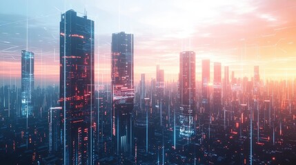 Fototapeta premium Futuristic Cityscape at Sunset with Glowing Structures