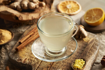 Ginger tea in a glass cup