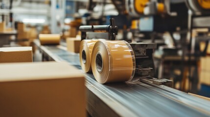 Industrial Packaging Facility with Rolls of Adhesive Tape on a Conveyor Belt Surrounded by Cardboard Boxes in a Warehouse Environment